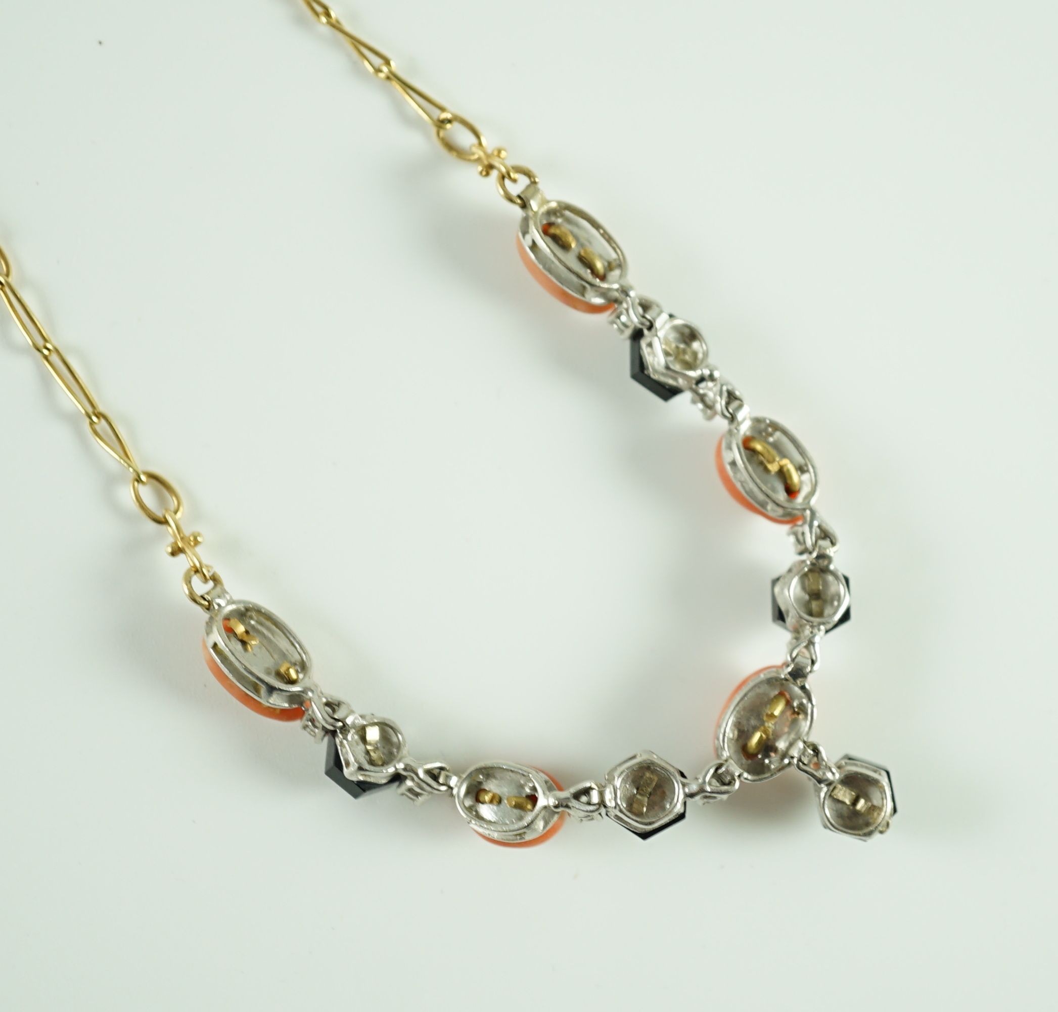 A 20th century Italian 18ct gold, coral black onyx and diamond set drop necklace